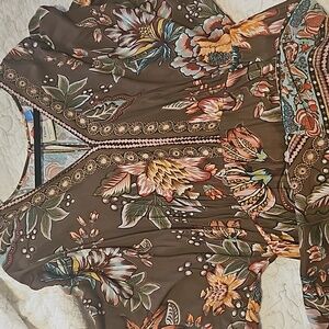 Farm Rio for Anthro 1xValentina Floral Dress Teal Blues Brown Pink Orange Green